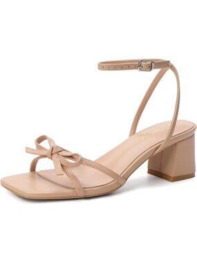 Women's Natural Nude Square Open Toe Bow Strappy Block Chunky Low Heels Sandals